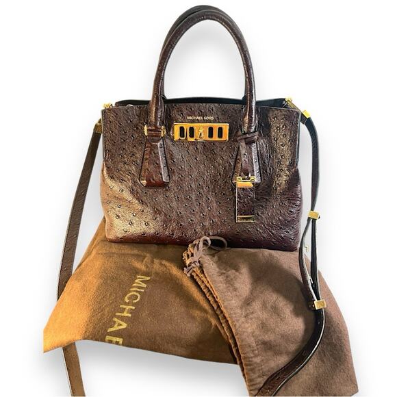 MICHAEL KORS Brown Ostrich Leather Crossbody or Satchel Includes Dust Bag NWOT - Picture 4 of 16